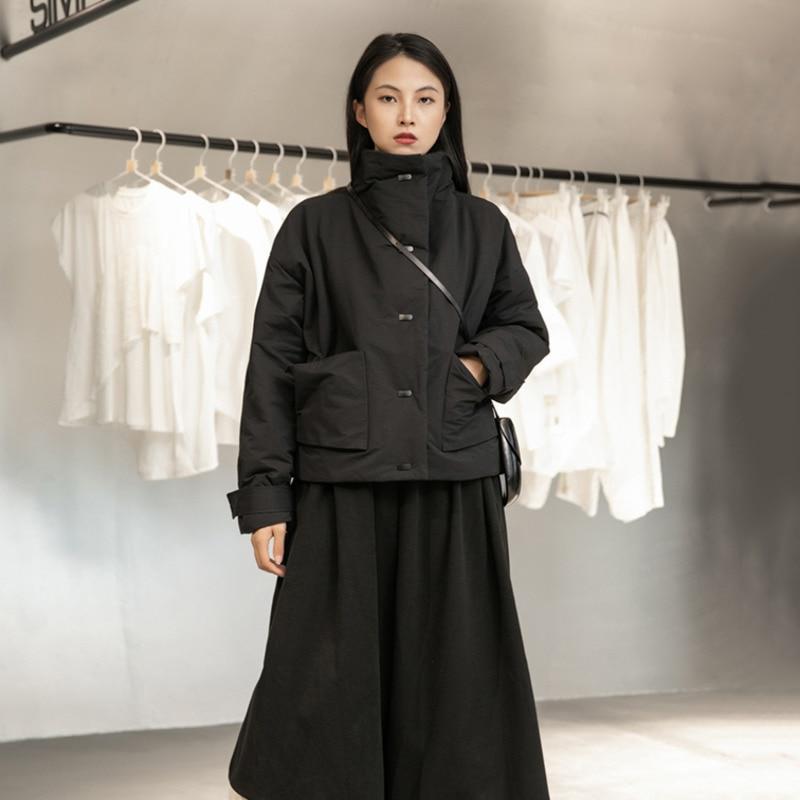 Hanami Stand Collar Cotton Padded Coat Black Streetwear With Pockets