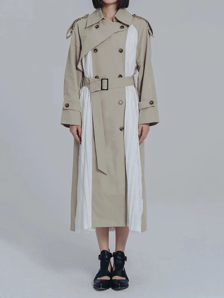 Inspectah Pleated Trench Coat With Belt And Turn Down Collar Light Khaki