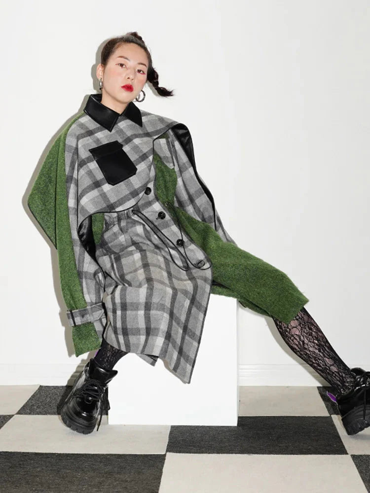 Kuchana Asymmetric Cape Coat Green And Grey Modern Outerwear