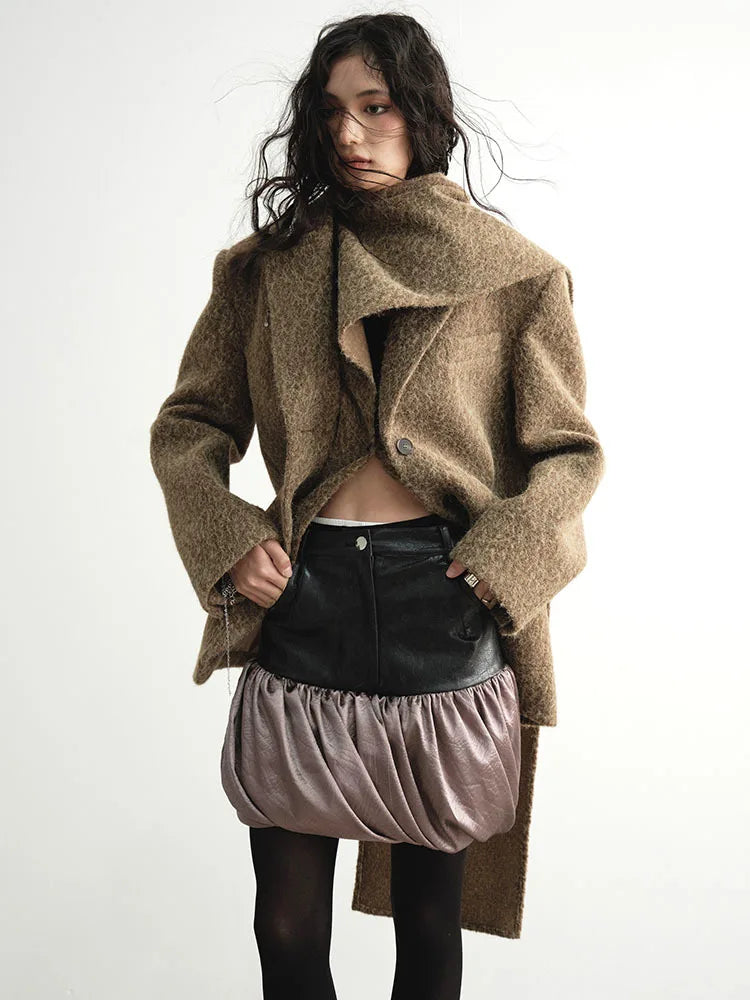 Masterdie Fuzzy Scarf Collar Coat Ginger Polyester Long Casual Outerwear
