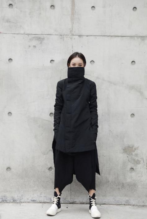 Masuku Cotton Batik Collar Coat Black Streetwear With Zippers