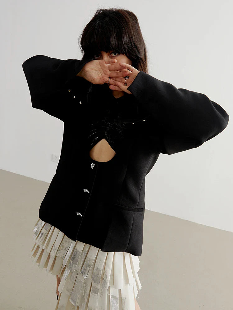 Nandy Black Puff Sleeve Cutout Coat With Square Collar Single Breasted