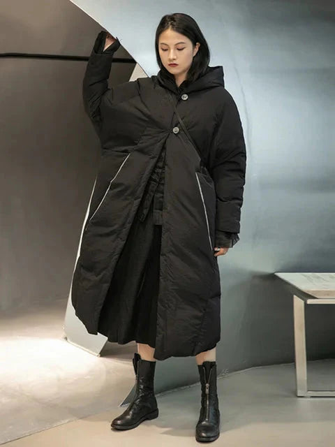 Panteen Black Hooded Parka Coat With Pockets Solid Cotton Single Breasted