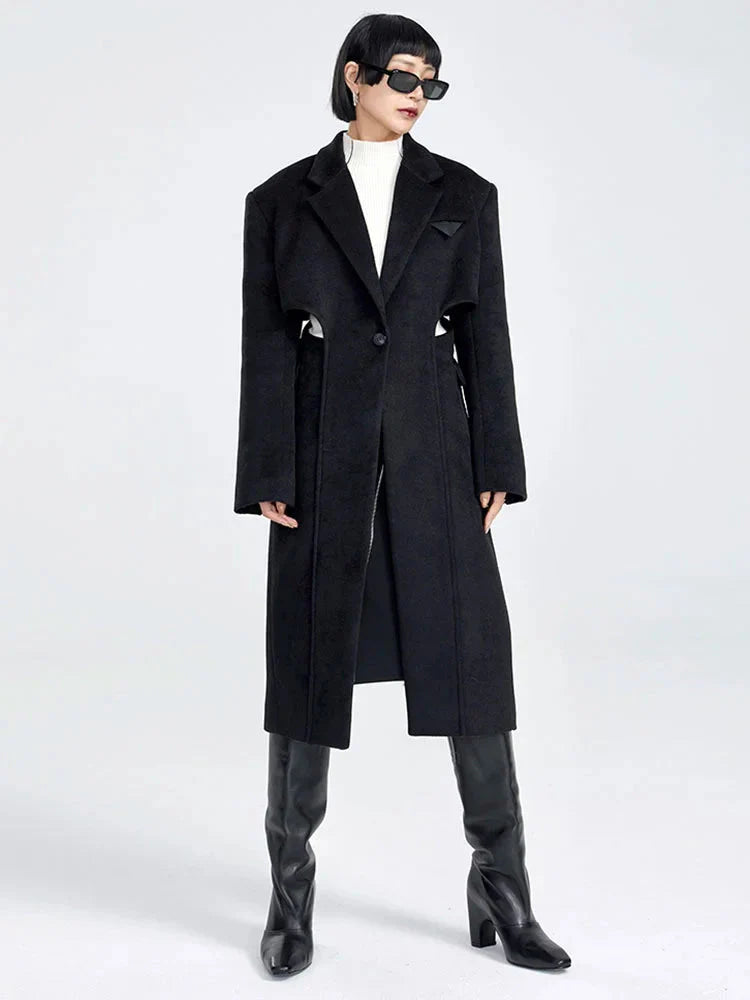 Peanter Long Black Polyester Parka Coat With Button Front Closure