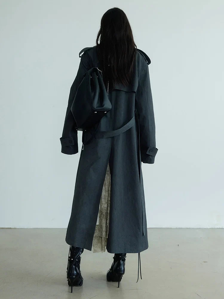 Gray Cotton Trench Coat With Turn Down Collar And Pockets