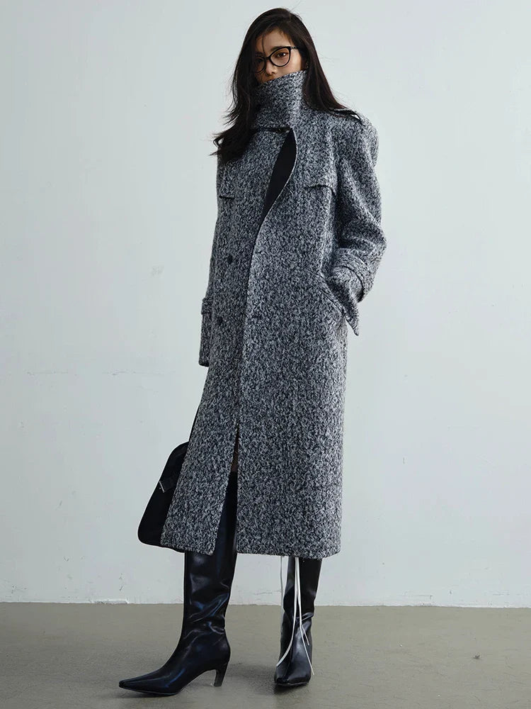 Shanossay Long Single Breasted Collar Coat In Silver Gray Polyester