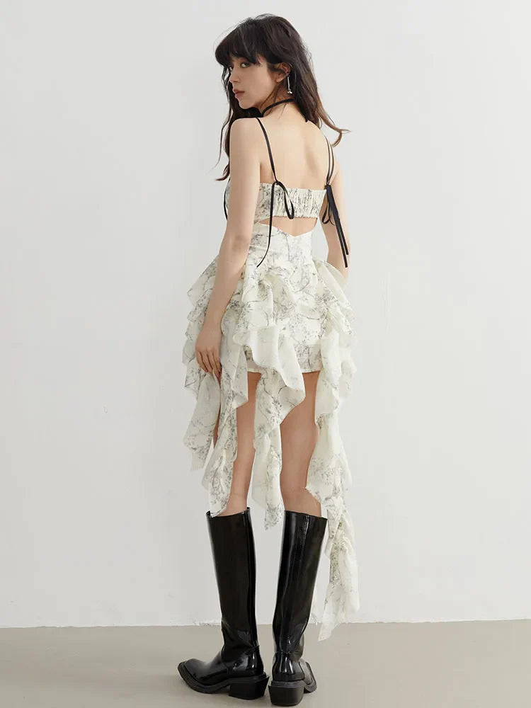 Cream Cotton Print Tiered Ruffle Strapless Dress With Dramatic Hem