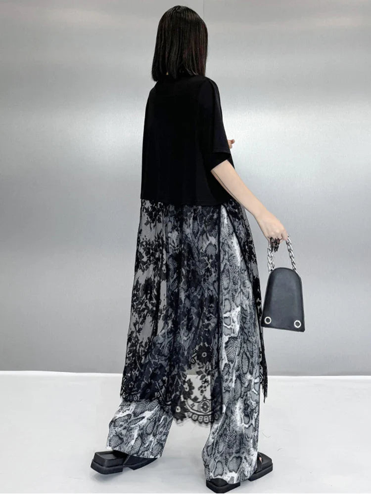 Darcelle Lace Bottom Tunic Dress Black And White Cotton Short Sleeve Mid Calf