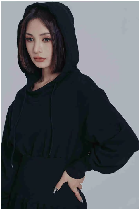 Black Hooded Mini Dress With Elastic Waist Pullover Style Above Knee