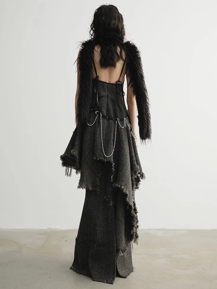 Frandie Moss Asymmetrical Frayed Midi Dress With V Neck Pullover