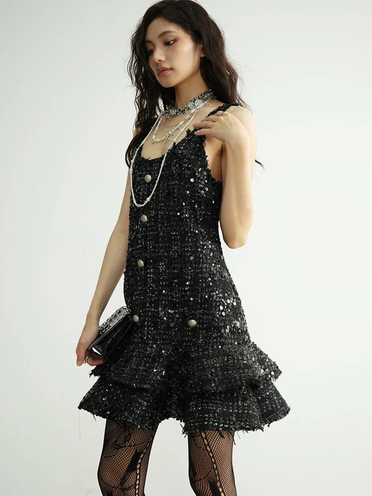 Black Sequin Ruffle Mini Dress Pullover Sleeveless O Neckline