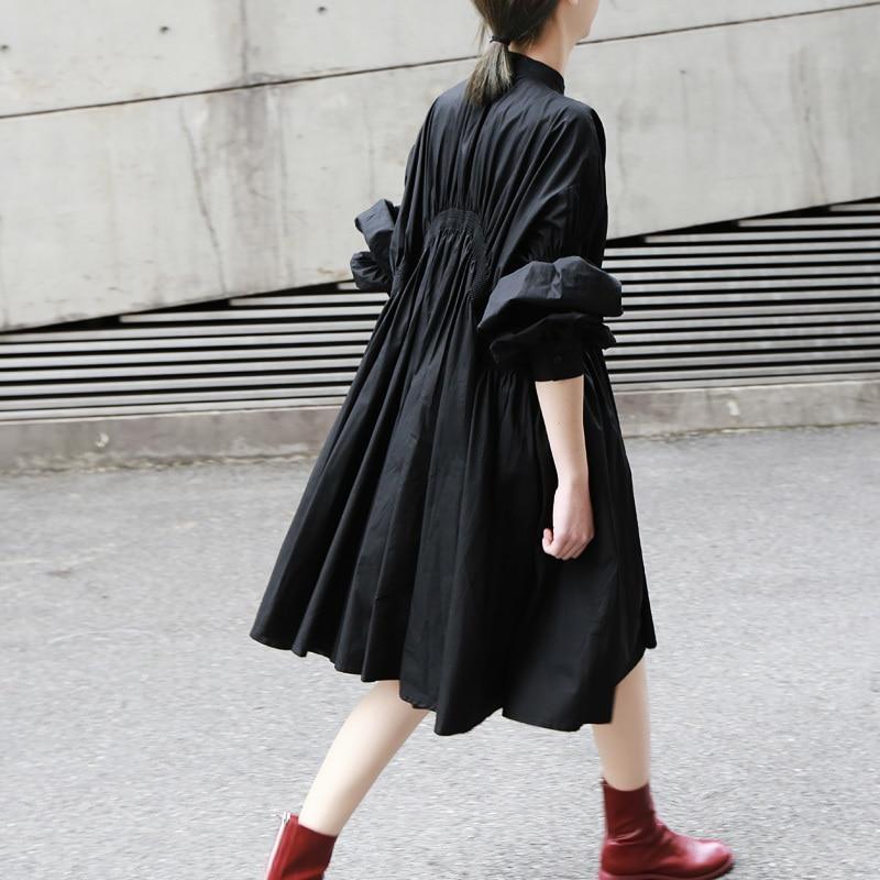 Hotaru Black Cotton Jersey Pleated Shirt Dress With Stand Collar Long Sleeves