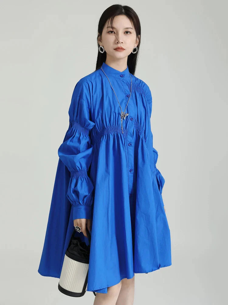 Blue Cotton Jersey Long Sleeve Pleated Shirt Dress With Stand Collar