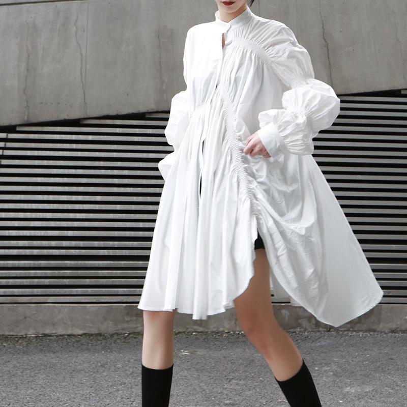 Hotaru Cotton Pleated Long Sleeve Shirt Dress Stand Collar White