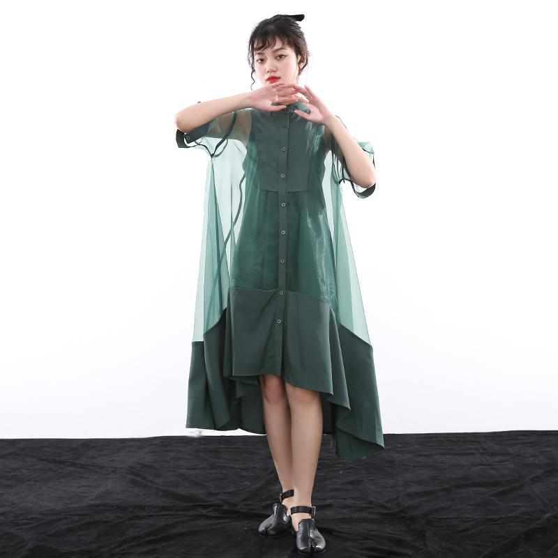 Koharu Irregular Shirt Dress With Sheer Overlay Mid Calf Length Green Or Black