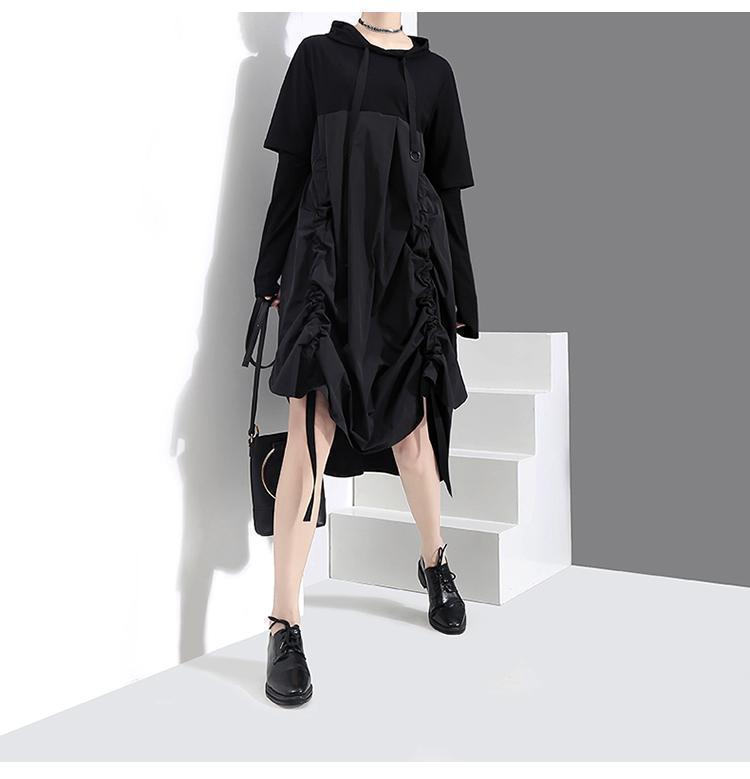 Lindy Ruched Hooded Babydoll Dress Asymmetrical Knee Length Patchwork Black