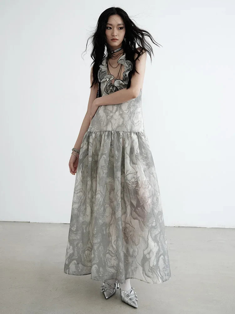 Marabella Gray Ruffle Halter Ankle Length Dress With Print