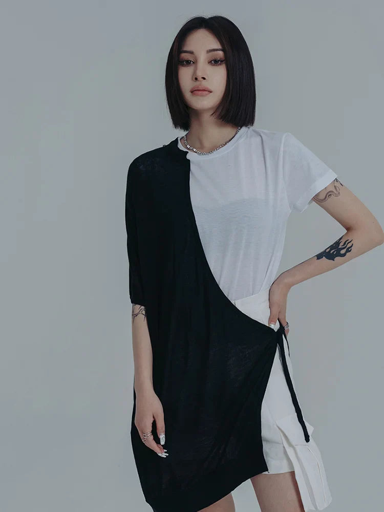Mauricie Color Block Wrap Dress Black And White O Neck Cotton Casual
