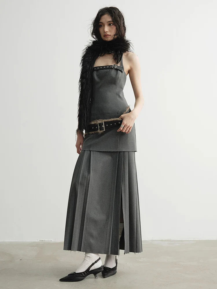 Meecie Gray Pleated Halter Maxi Dress With Belt Detail