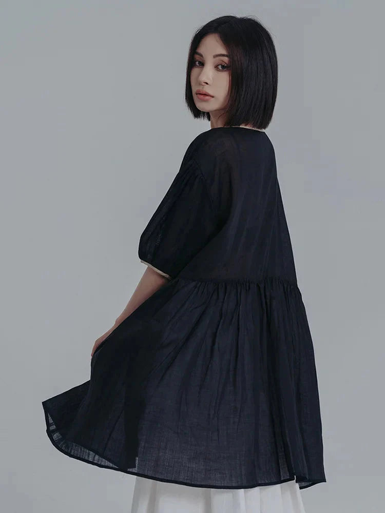 Misato Black Puff Sleeve Dress V Neck Loose Fit Above Knee Casual