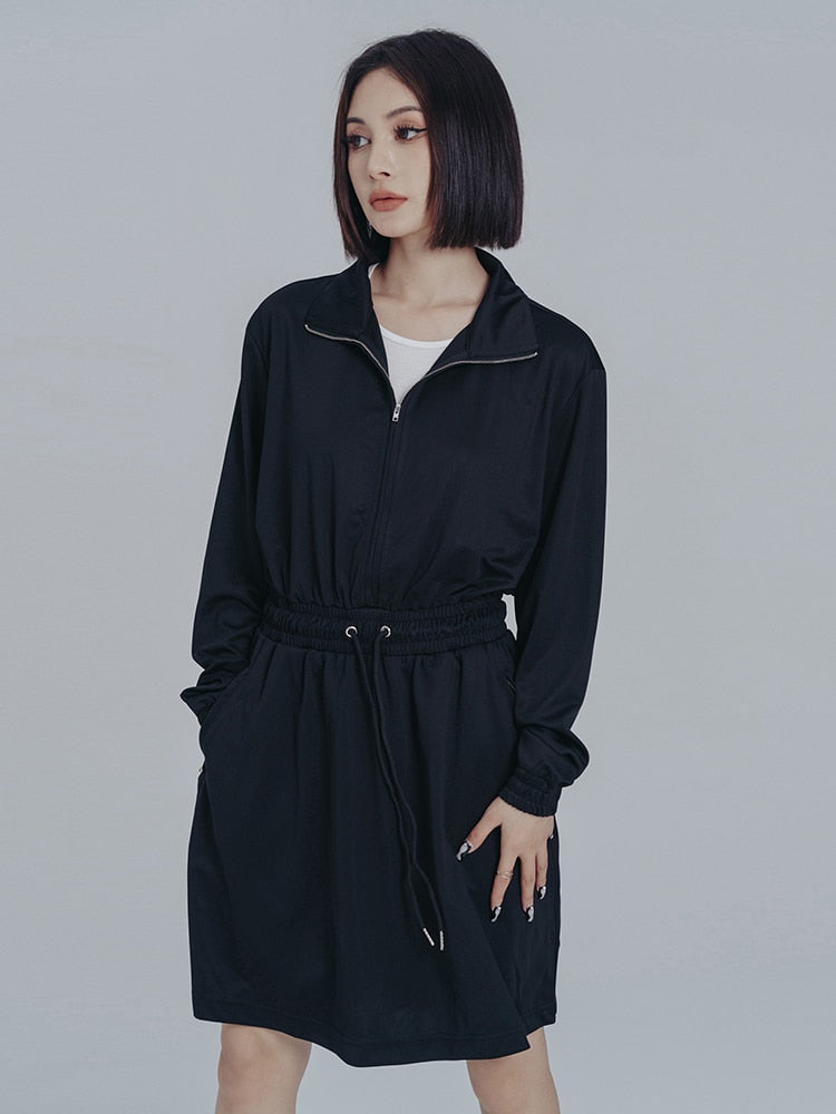 Mooni Black Knee Length Drawstring Sweatshirt Dress With Zipper Closure