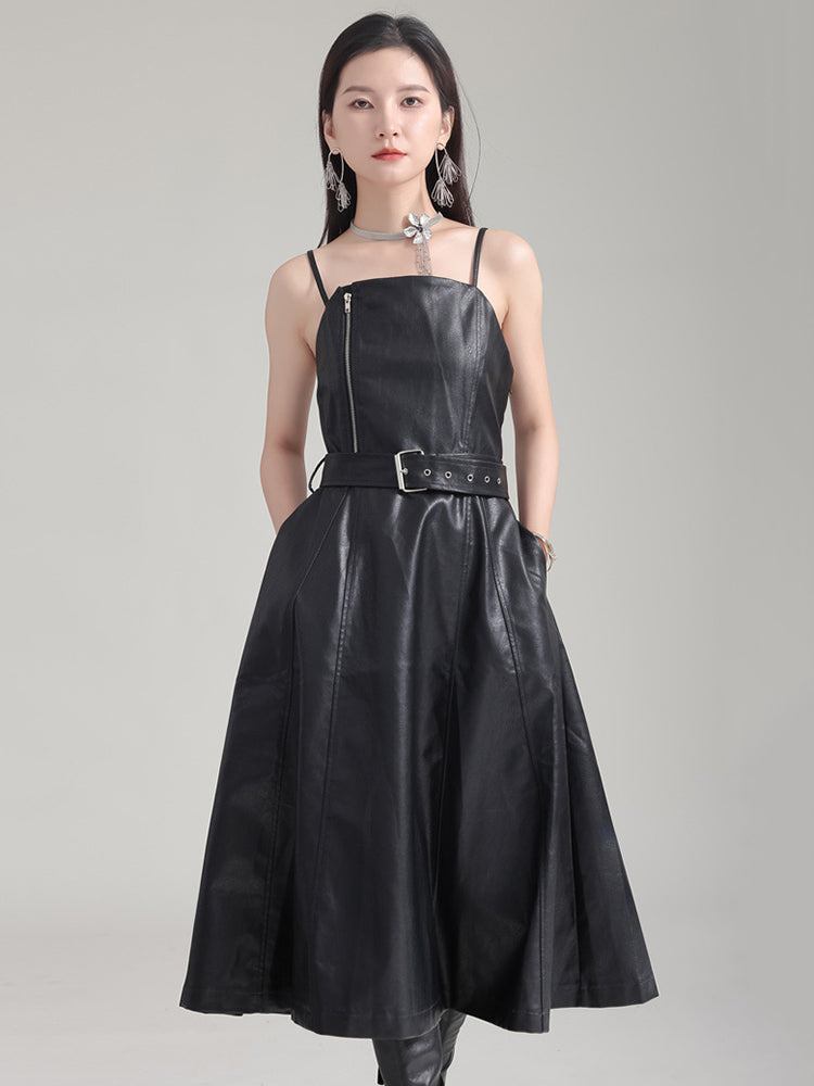 Musset Vegan Leather Knee Length A Line Dress Belted Spaghetti Strap Sleeveless