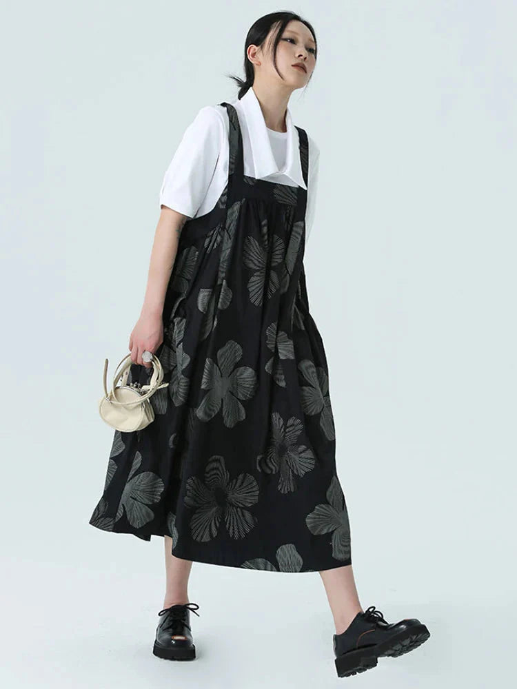Pallazza Black Floral Print Sleeveless Pinafore Midi Dress