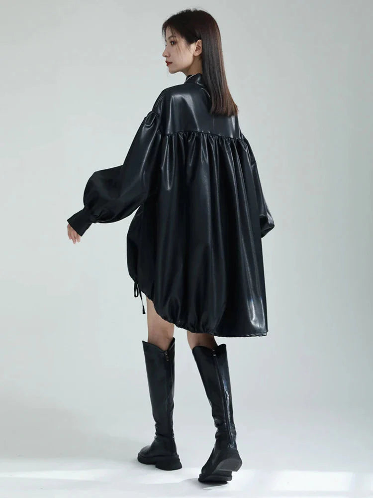 Paoula Ruched Black Vegan Leather Dress With Turtleneck And Puff Sleeves