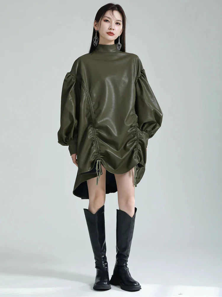 Paoula Green Vegan Leather Ruched Dress With Turtleneck Collar