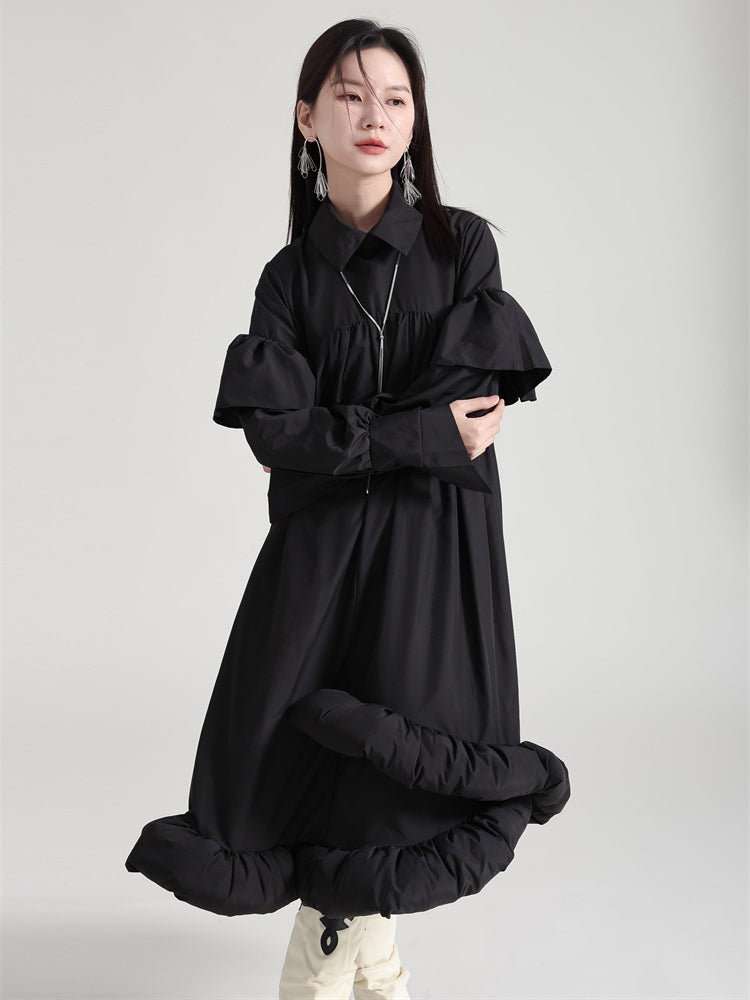 Plufey Black Puff Sleeve Midi Dress With Turn Down Collar