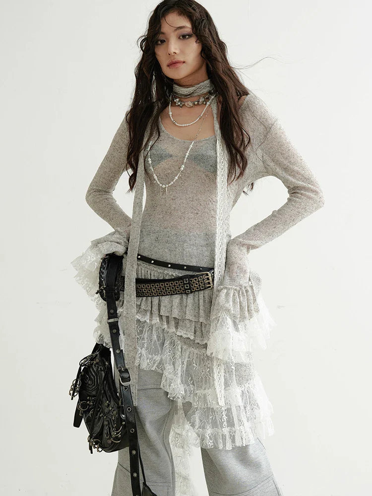 Rideco Light Gray Ruffle Lace Pullover Sweater Dress Solid Polyester Mini