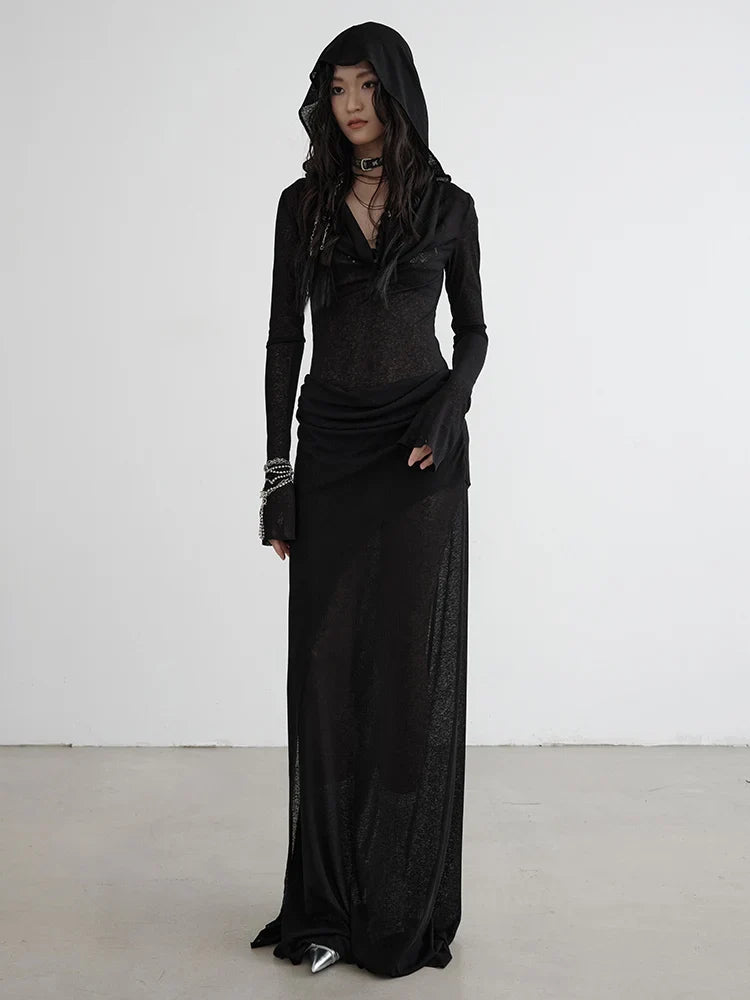 Sheerasay Black Long Sleeve Hooded Floor Length Dress