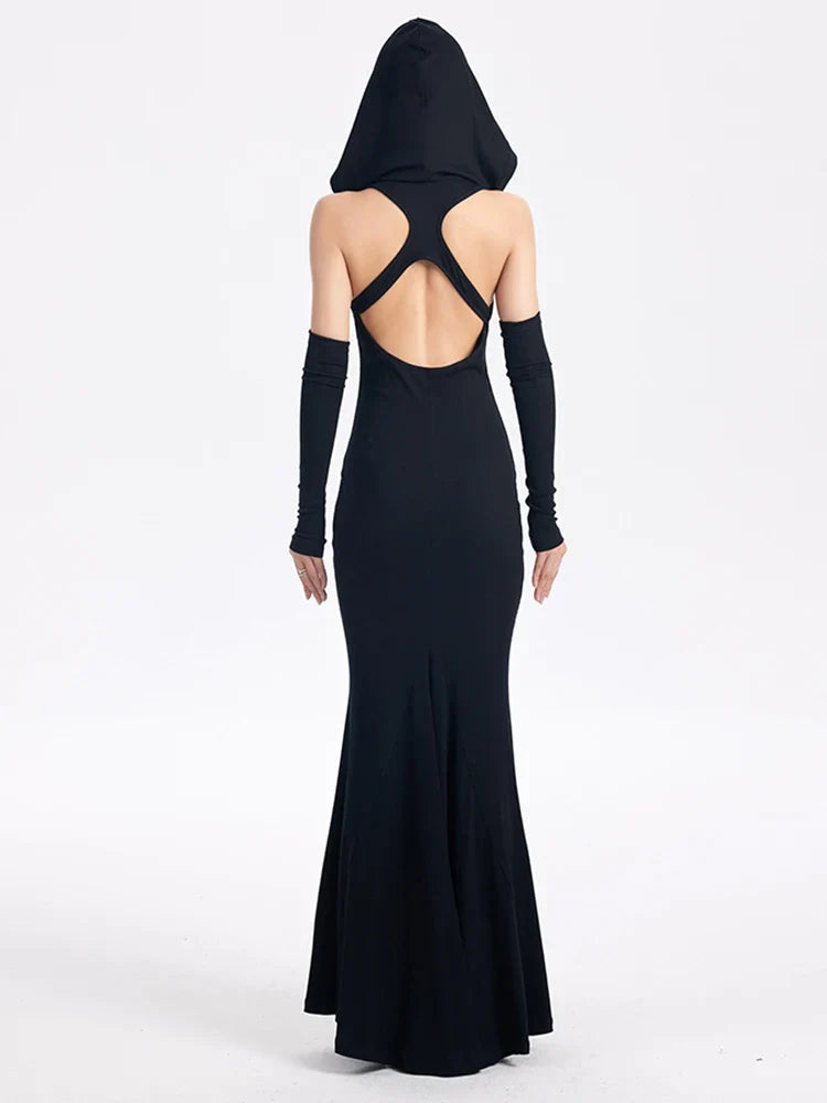 Witcheria Backless Hooded Floor Length Dress With Arm Sleeves Black