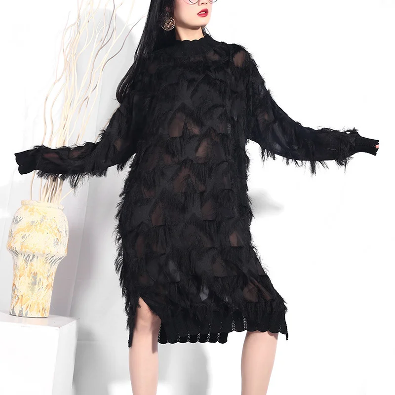 Yuko Black Loose Fit Midi Dress With Stand Collar And Long Sleeves
