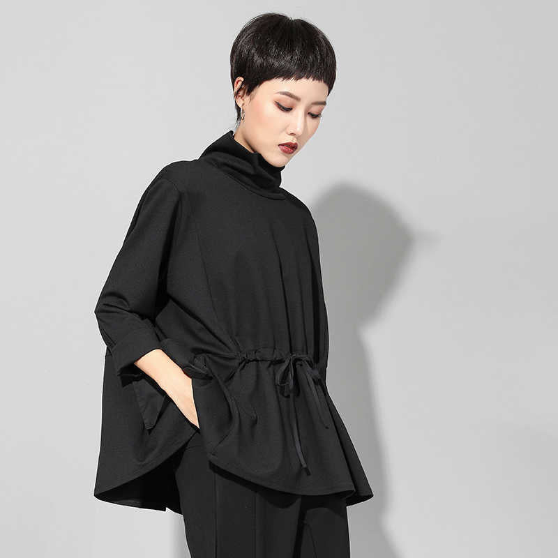 Tsyua Black Drawstring Turtleneck Sweatshirt Casual Cotton Women