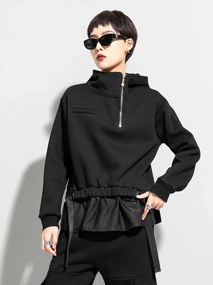 Zipitee Black Solid Color Asymmetrical Hooded Polyester Pullover Sweatshirt