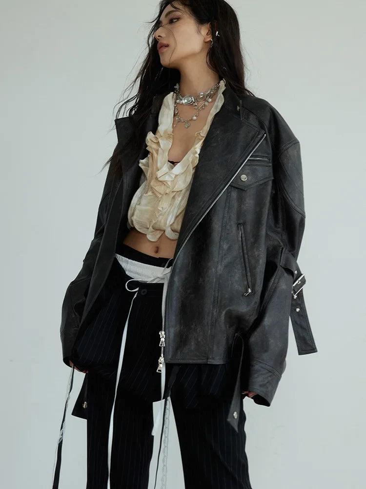 Hakattua Black Vegan Leather Jacket With Zipper Closure And Mandarin Collar