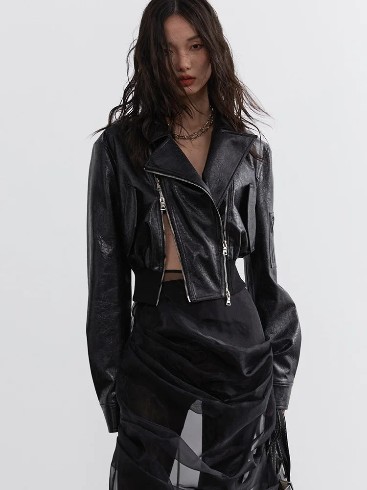 Bataduh Vegan Leather Zipper Jacket With Pockets Black Streetwear