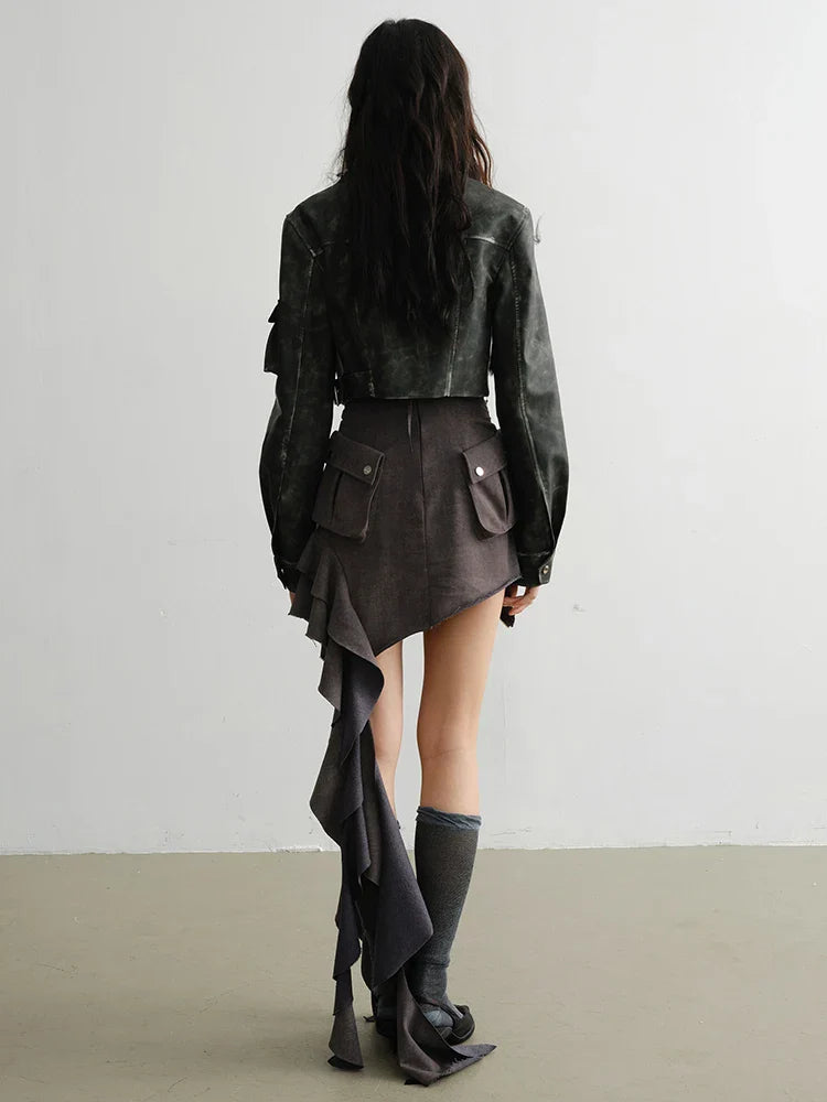 Cateey Green Vegan Leather Cropped Motorcycle Jacket With Zipper