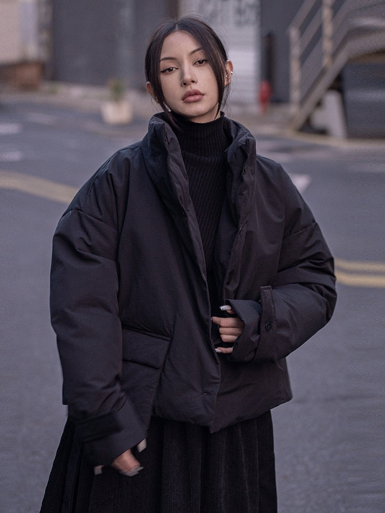 Eatan Puff Jacket Black Cotton With Pockets Button Closure