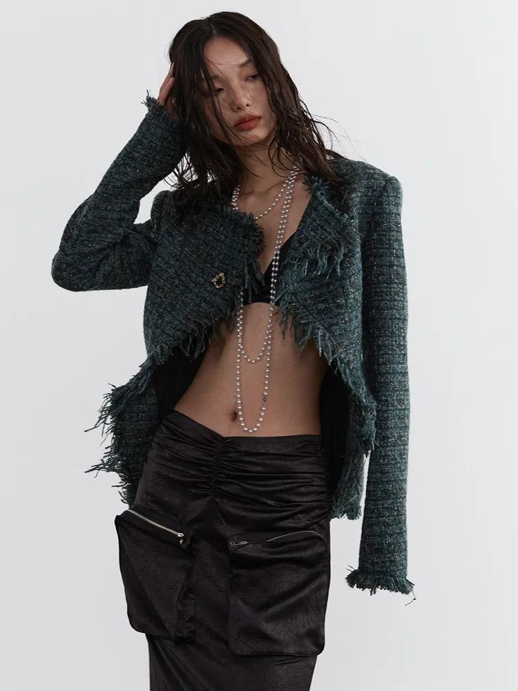 Marriagie Frayed Tweed Jacket Green With Pockets Streetwear Style