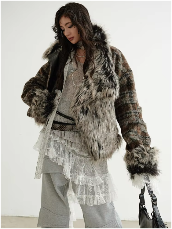 Sablet Reversible Plaid Faux Fur Jacket With Faux Leather Trim