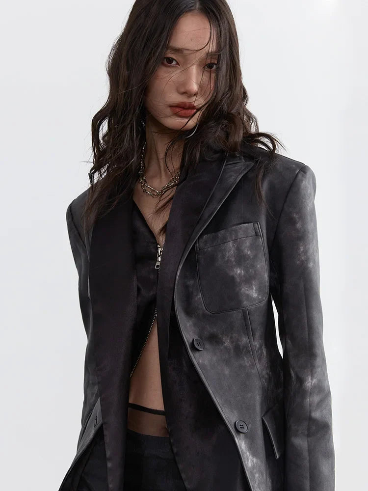 Sangee Dark Gray Vegan Leather Zipper Jacket With Notched Collar And Pockets