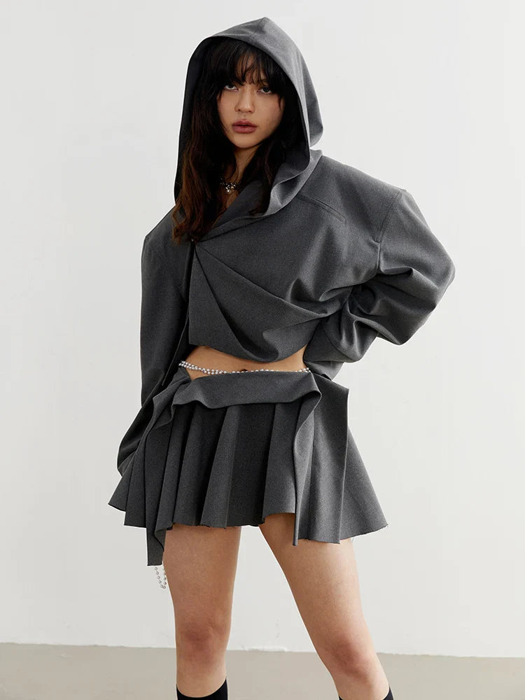 Sayua Cropped Hooded Jacket Zipper Closure Dark Gray Polyester Streetwear