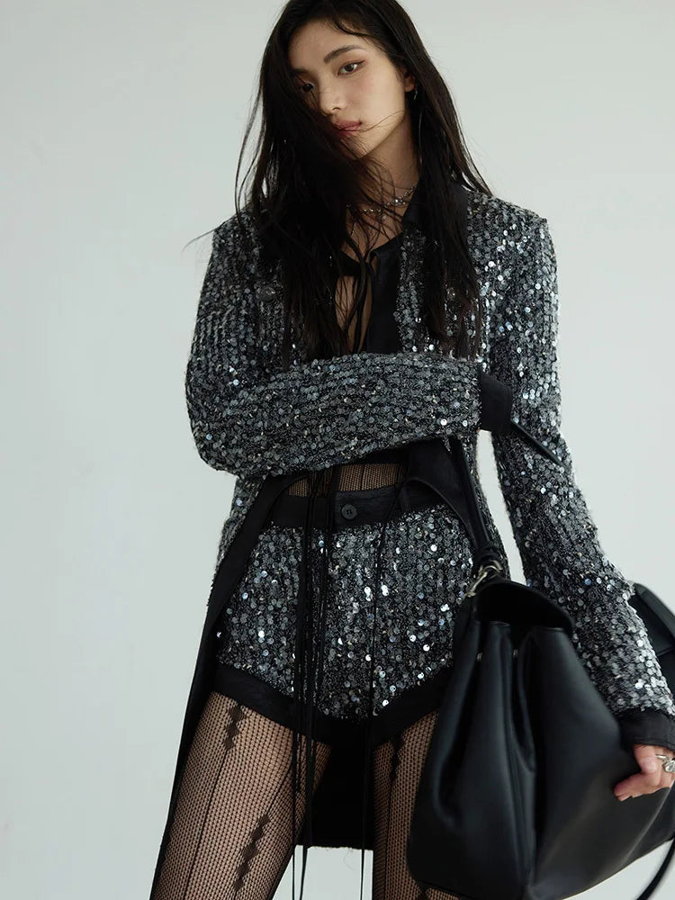 Stunner Sequin Jacket Loose Fit Turn Down Collar And Drawstring Closure Silver