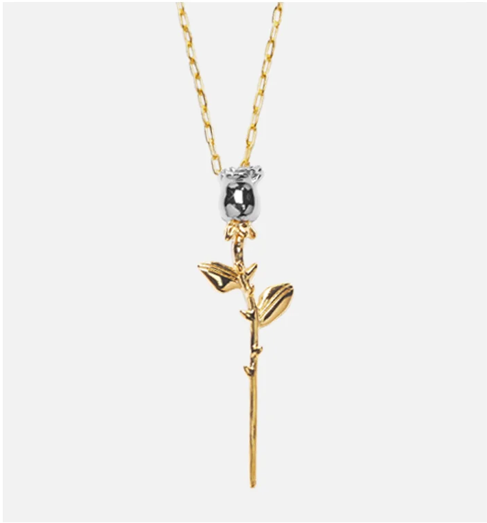 Azu Thorny Rose Pendant Necklace Two Tone Gold and Silver