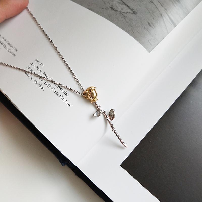 Two Tone Thorny Rose Pendant Necklace in Silver and Gold