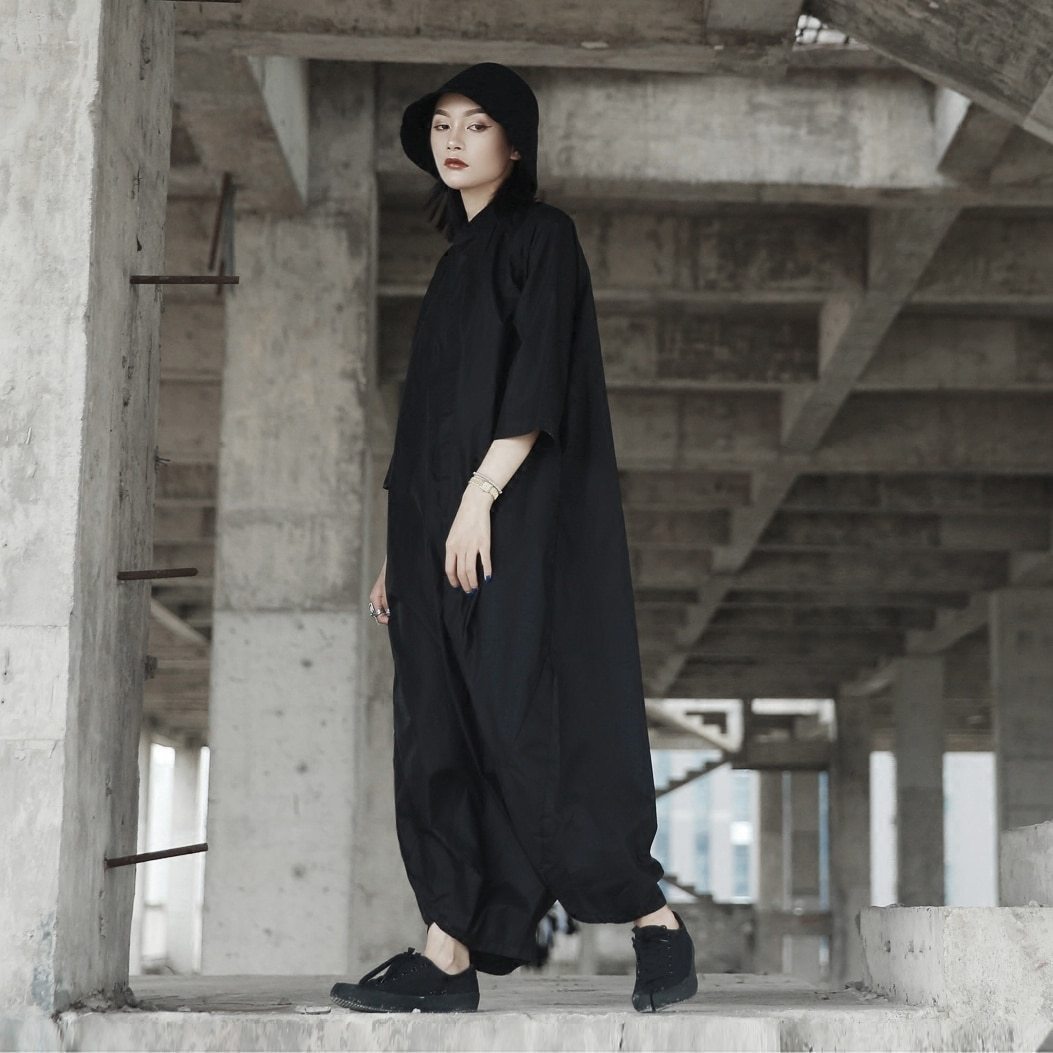 Mekanikku Shop Black Jumpsuit With Pockets Loose Fit Cotton Polyester