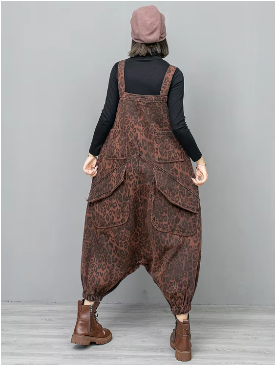 Kuniko Denim Leopard Print Overalls With Pockets For Streetwear Style