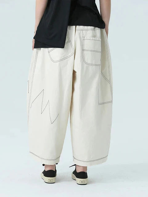 Bolohus Cream Wide Leg Pants Topstitched High Waist Ankle Length